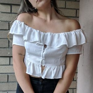 Off the shoulder cropped short sleeve blouse